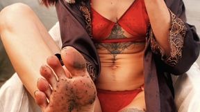 LICK MY DIRTY SOLES - Smoking Red Lingerie Bitch Under Hot Sun