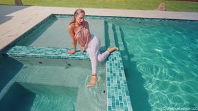 Camille Goes for a Swim in White Jeans and a Satin Top