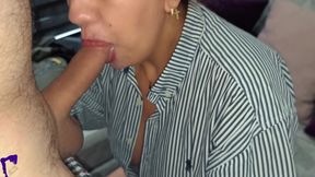 Horny Wife Sucks Delivery Guy's Dick While Her Husband Showers and Swallows All His Cum