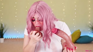 Two big dildos fuck deep that throat | Double blowjob | a wet white t-shirt