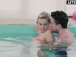 Tattooed Chap Bangs Bikini Blond's Cunt at Pool Edge, That babe Bows Over Moist