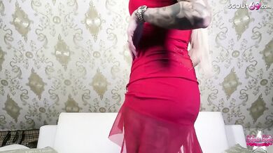German solo teen gets tight and comes hard fingering in her sexy red dress
