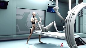 Robotic android engages in intense intergalactic encounter in space station surgery room