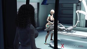 Robotic android engages in intense intergalactic encounter in space station surgery room