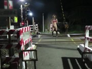 Japanese crossdresser naked exposed at the railroad crossing