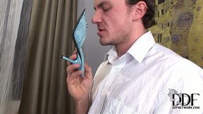 Sexy blonde seductress gives hot footjob to her friend