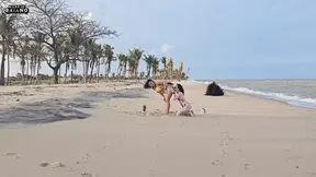Two pretty lesbian chicks playing on the beach get picked up by a tourist and have their asses fucke
