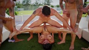 Aroused Latina older woman Sara Retali takes on a gangbang of huge cocks