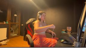 Cute blonde farting on gaming chair