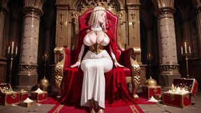 Languid Reading in a Gothic Library, White Robe and Red Cape, Hand Resting Gracefully with Half-closed Eyes.