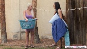 LesbianGfFilms.com - Big boobs cougar offers a young brunette a home and they start kissing.The blonde milf licks the babes pussy and facesits her with her shaved cunt