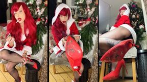 Red head Santa chain smoke in high heels