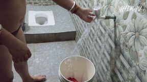 Asian indian village girl forplay with her boyfriend in bathroom. Washing clothes and review her pussy,boobs and white bra.