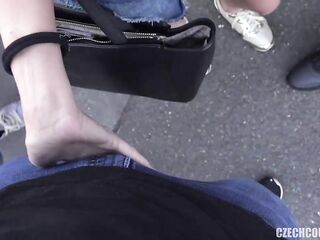 Czech golden-haired is often giving blowjobs to various dudes and even having foursomes in public places