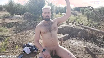 Hairy jock pisses himself while working out naked outdoors
