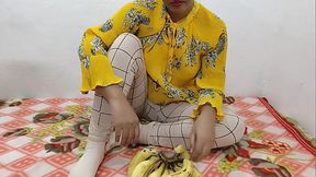 In a yellow short dress I caress myself and jerk off my pussy with two fingers bring myself to orgasm in sexy panties banana Sex