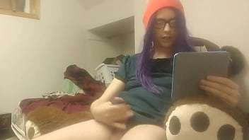 Trans girl masturbates while reading - big cumshot