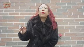 Smoking, coughing, spitting an all white cigarette in vintage fur jacket vol 122 Non Nude smoking