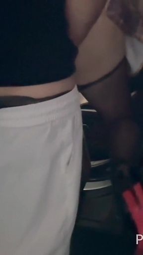 Lustful Long-legged Goddess in Glossy Stockings and High Heels-flashing, Car Wash Setting, Blowjob, and Creampie.