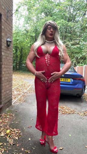 Sexy Crossdresser Kellycd2022 in Sexy Red Jumpsuit and Heels
