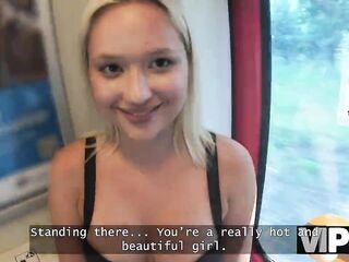VIP4K. Teen blondie's first time screwing in the train station shitter