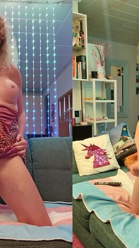 TS Lilly Sophie Late Night Wank in Pink Glitter Dress and Cum