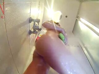Soap consummate body in the shower Chick washes in the shower, shaves her twat, oil massage. part three