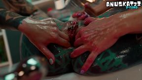 Hot Pornstars Tattooed Lesbian Oil Slick Shared Metal Toy