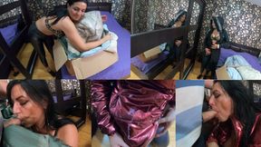 Red Shiny Downjacket Fetish – Leather Pants, Blowjob & Cum Explosion