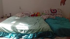 Mexican mother-in-law cleaning guest room in thong