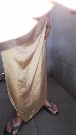 Satin Gold Long Dress Masturbation Cum   Clip 1