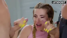 Tattooed blonde gets double pen - the - ated spitroasted