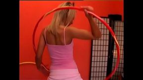 Playful hoola hoop girl Sandy Silver gets her sweet cunt licked then nailed on the sofa