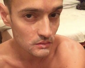 Piss and cum dripping down my hairless body and face