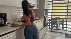 Maid gets fucked by her boss in the kitchen while her boss's cuckold returns home