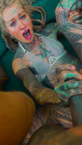 Heavy Tattooed Pornstars in Gangbang with 8 Big Cocks