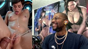 tracer jerks off a fat cock and gets her tight bald pussy cum covered, ai generated