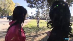 Tanner Mayes and Stephanie Sage invite the cyclist to fulfill their hardcore threesome fantasy