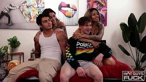 Dick-swinging contest: Two studs race to fuck and cum on a big-titted amateur's face!