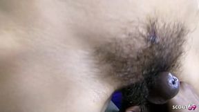 Skinny Girl with Hairy Pussy and long labia at First Time Interracial Sex with Deep Cum inside with Creampie Swallow