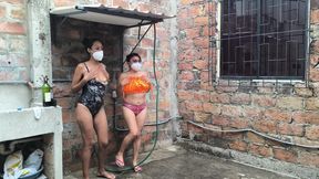 They wet their mature and sexualized bodies in their neighborhood&#039;s shower.