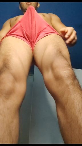 Hot Straight Guy Gets Hard in Red Underwear - View From Below