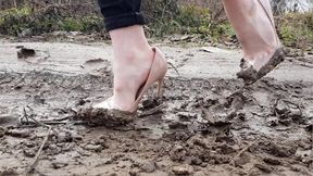 high heels in mud, sexy heels in deep mud, wrecked high heels, ruined high heels