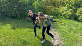 Chloe pranks Nastya with one boot while walking (custom video)