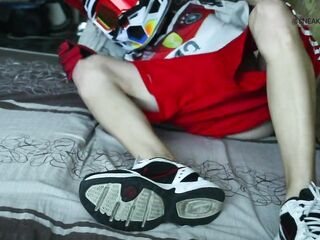 Twink man jerks off in the morning in MXHelmet and sneakers