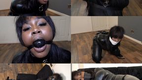 Horny Submissive girl zippy in Bound and gagged in catsuit and heels