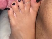 Black toe nails and toe ring Footjob cumshot POV
