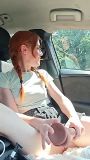 Red head teen nearly caught fucking masturbating in the car squirting with excitement