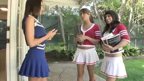 Naughty cheerleader girls finger each other and bang in lesbian 3some