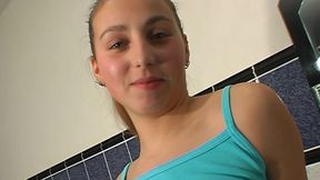 Skinny Brunette Teen Gets Rough Bathroom Fuck and Facial